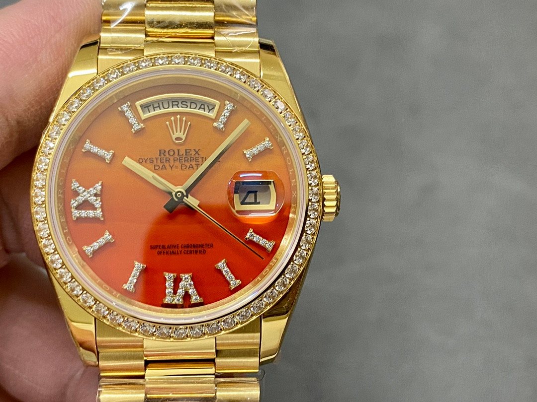 Rolex Day-Date 36 President Yellow Gold Carnelian Orange Dial Diamond Bezel 128