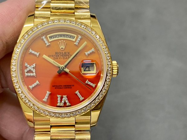 Rolex Day-Date 36 President Yellow Gold Carnelian Orange Dial Diamond Bezel 128 product image 1