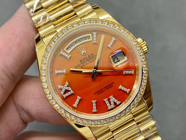Rolex Day-Date 36 President Yellow Gold Carnelian Orange Dial Diamond Bezel 128 product image 2